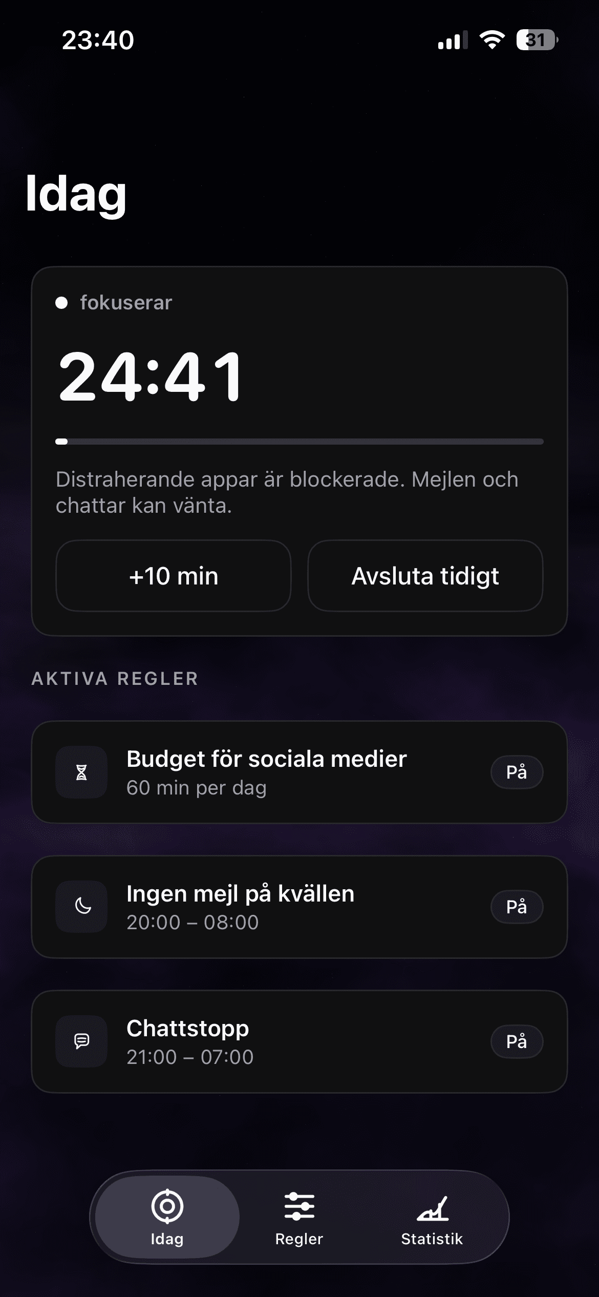 haegr app main screen with focus session controls