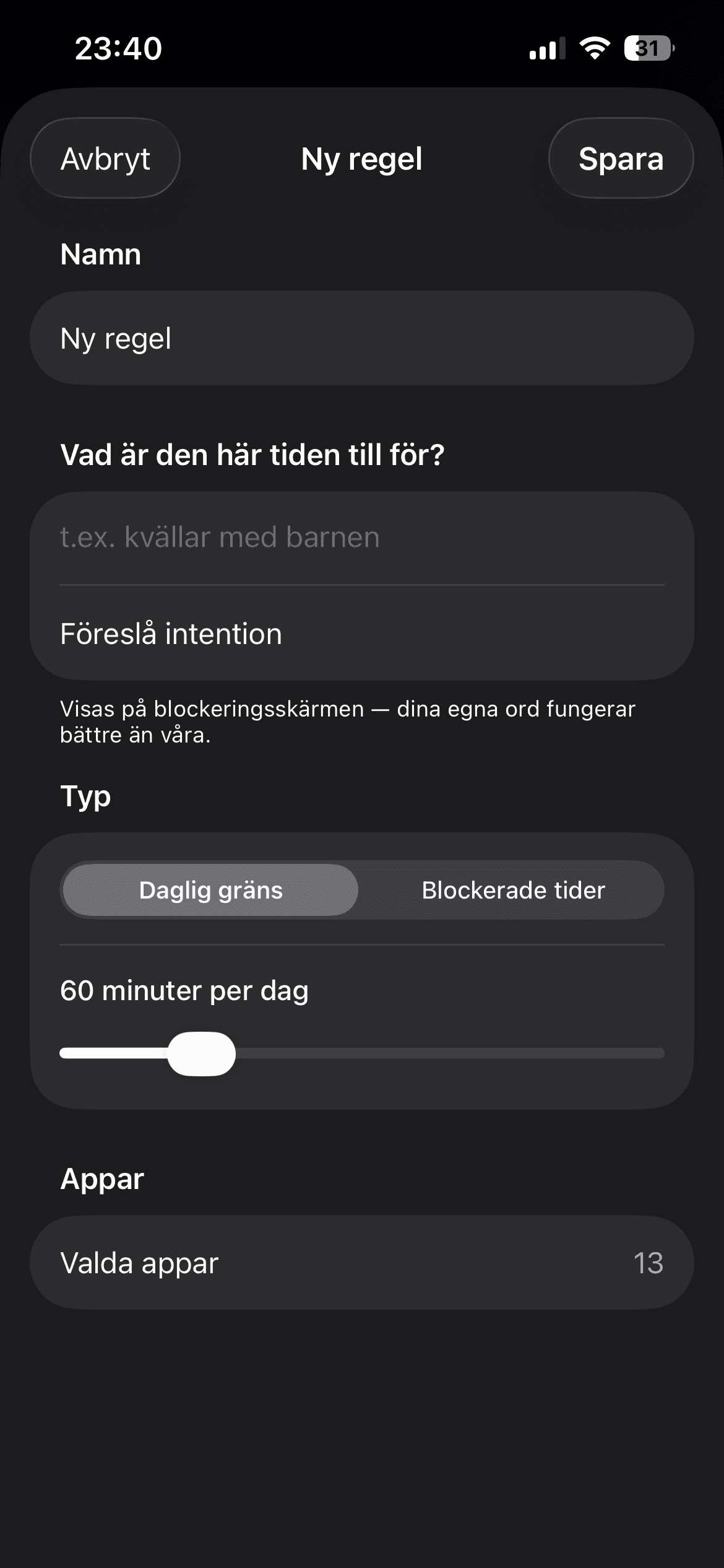 haegr skapa regel-skärm för att blockera Instagram på iPhone